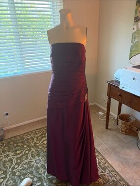 Strapless Burgundy Evening Gown with Side Draped Skirt